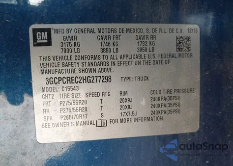 2017 Chevrolet Silverado 1500 1Lt from USA, damaged, VIN 3GCPCREC2HG277298